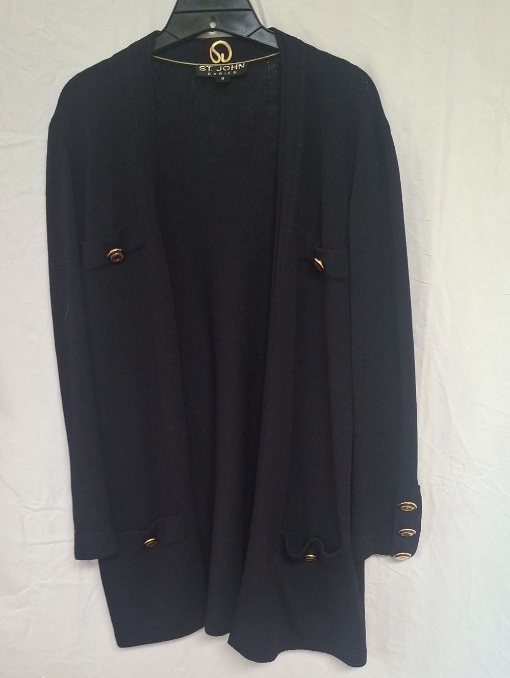 St. John Basics Black Open Front Knit Cardigan Jacket Gold Buttons M